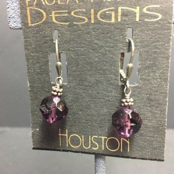 Paula Fridkin Designs Earrings Houston Purple Faceted Gunmetal Silver Dangle - Picture 1 of 3